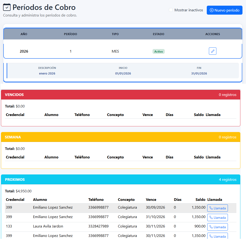 Generación de periodos de cobro y cobranza de EscuelaWeb